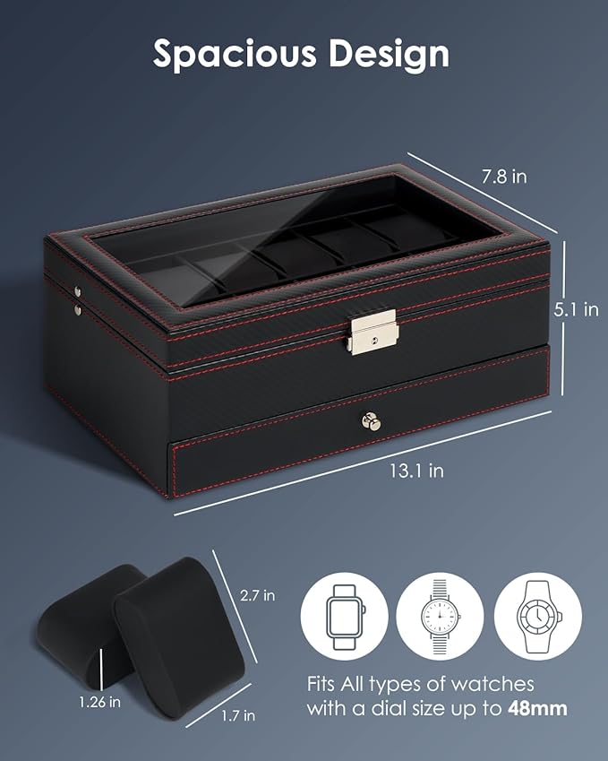 Kukikan Watch Box Jewelry Organizer, 12-Slot 2-Layer Watch Case Storage with Large Glass Lid, Watch Storage Case for Men with Lock, Watch Holder Display Case, Gift for Men Women