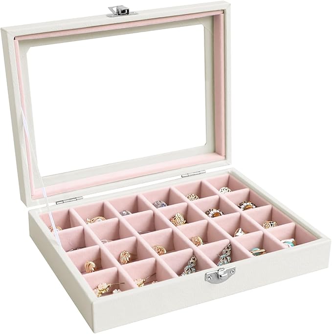 Wudygirl Small Jewelry Organizer 24 Grid Jewelry Box with Clear Lid Velvet Ring Holder Earring Organizer Jewelry Tray for Drawer Jewelry Display Case for Women Gift (Pink)