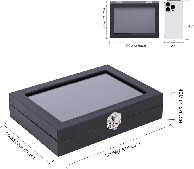Stratalife Ring Organizer Jewelry Box Leather Jewelry Display Case with Clear Glass Top Ring Holder Gift for Women Black