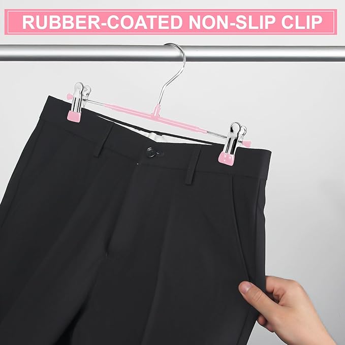 POZEAN Pants Hangers with Clips 30Pack, 12Inch Adjustable Skirt Hangers for Women, Space Saving Non-Slip Hangers for Shorts, Jeans, Coat, Kids' Clothes (Pink, 30Pack)