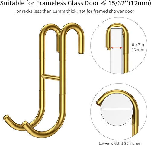 304 Stainless Steel Shower Door Hooks, Gold, 2 Pack Over Shower Glass Door Hook, Rack Hooks, Frameless, Bathroom Hanger, Drilling-Free, Glue-Free, Towel Hooks for 0.47inch Thickness Glass