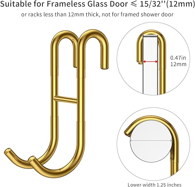 Shower Door Hooks, 3 Pack Over Shower Glass Door Hook, Plated Gold, 304 Stainless Steel Rack Hooks, Frameless Bathroom Hanger Drilling-Free, Glue-Free Towel Hooks, for 0.47inch(12mm) Thickness Glass