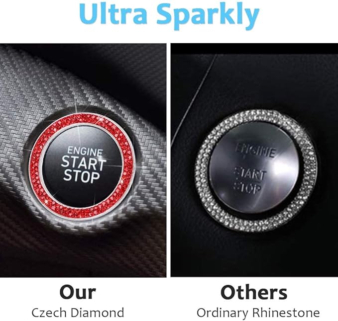 ToBeQueen Push Start Button Bling Rings Auto Car Engine Start Stop Button Sticker Emblem,Rhinestone Bling Red Car Accessories Decor for Women 2 Pcs,Red