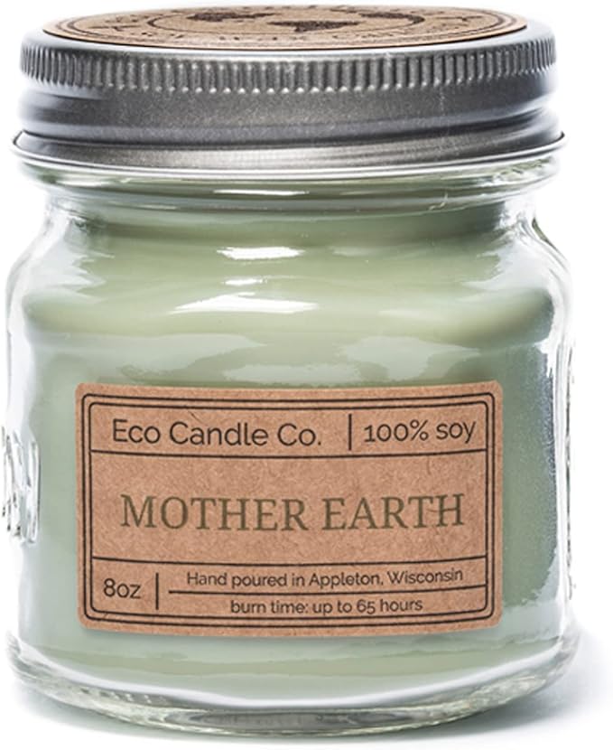 ECO CANDLE CO. Mason Jar Candle, Mother Earth, 8 oz. - Scents of Grass, Hay, Cypress, Patchouli, Sandalwood, & Tonka Bean - 100% Soy Wax, No Lead, Kraft Label & Antiqued Pewter Lid, Hand Made