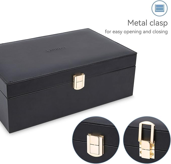 LANDICI Jewelry Box Organizer for Men Women, 2 Layer 4 Slot Watch Storage Case with Removable Tray, PU Leather Large Jewellery Holder Display for Watches Sunglasses Rings Earrings Necklace, Black