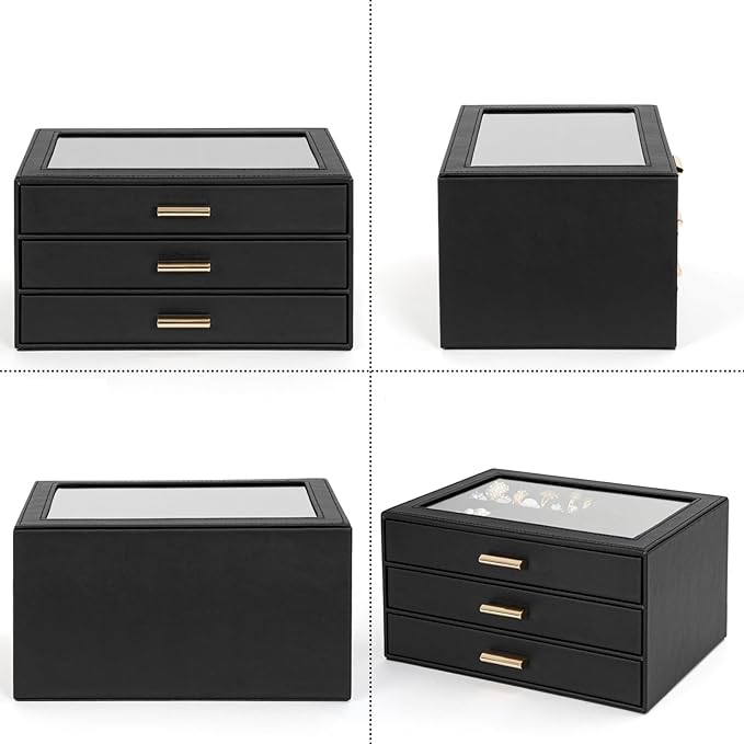 AKOZLIN Jewelry Box with Clear Lid Functional Leather Jewelry Storage Organizer Case 3 Drawers for Women Girls Necklace Ring Bracelet Earring
