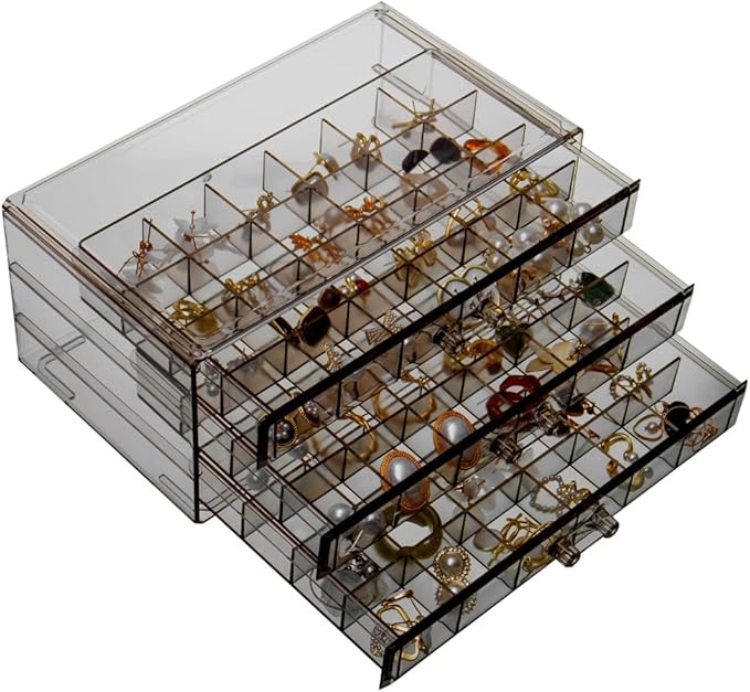 Earring Storage Box Organizer 3 Drawers Acrylic Jewelry Storage Box Holder Transparent Jewelry Display Stand with 72 Small Compartments Gift for Women Girls (Clear Black)