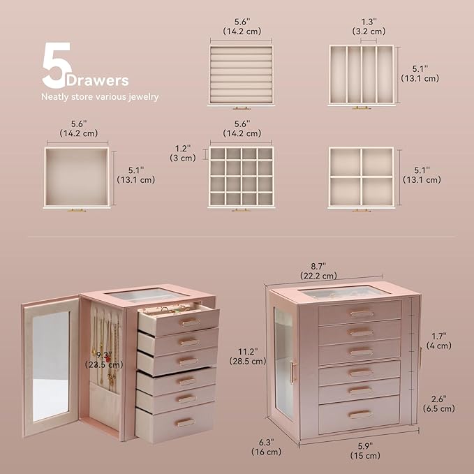 Jewelry Boxes for Women, 6 Layer Jewelry Organizer with Glass Lids, Jewelry Holder Organizer with 5 Drawers and 2 Glass Doors for Jewelry Storage, Big Jewelry Box for Womens Gift (Rose Gold)