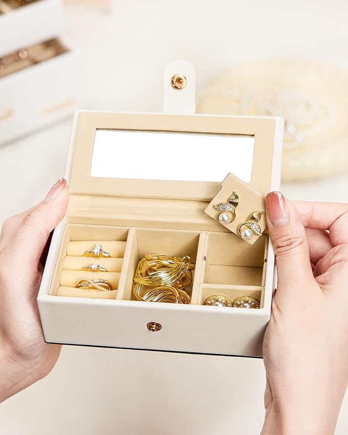 Homde 2 IN 1 Jewelry Box for Women Girls with Small Travel Case Mirror Necklace Ring Earrings Organizer(White + Gold)