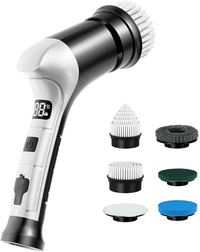 Electric Spin Scrubber, Cordless Household Cleaning Brush with 6 Replaceable Heads, 3 Speeds, LED Display, Lightweight Handheld Power Scrubber for Cleaning Stove/Bowl/Sink/Corner/Tile/Grout-Black