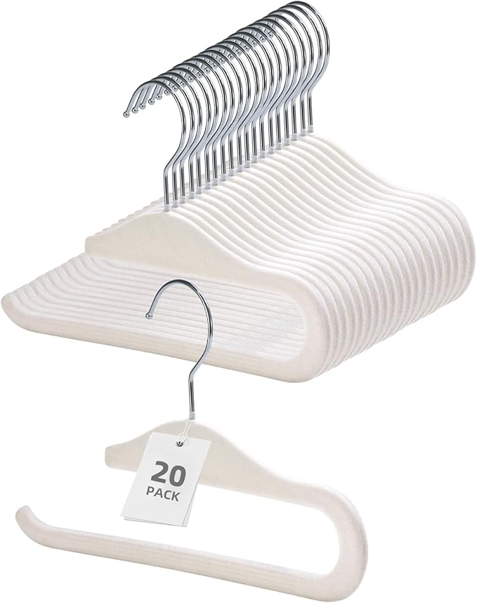 Velvet Pants Hangers, 20 Pack Non-Slip Open Ended Hangers with 360° Swivel Hook Slim Space Saving Jeans Hangers for Pants, Scarves, Ties, Towels, White