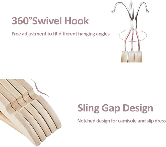 Solid Wood Hangers - 30 Pack with 360 Swivel Chrome Hook, Smooth Finish & Precisely Cut Notches, Slim Wooden Coat Hangers for Closet, Natural