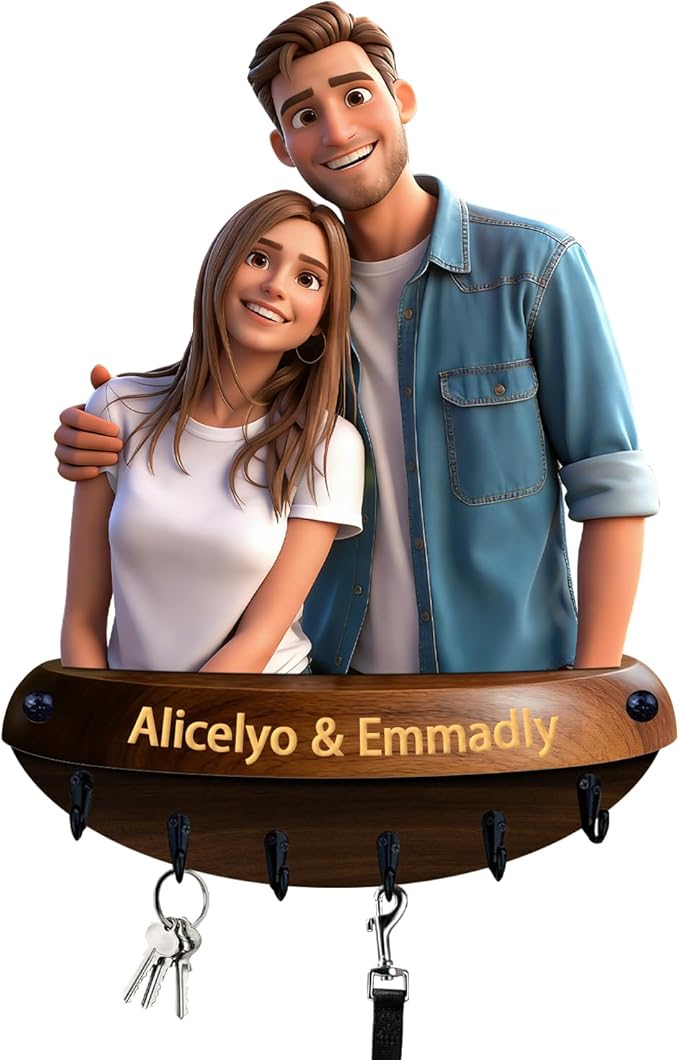 Personalized Cartoon Style Couple Photo Wall Hooks Custom 2D Flat Print Family Picture Realistic Style Key Storage Holder for Bedroom Living Room Hallway Coat Rack Home Decor Gift for Lover Couple