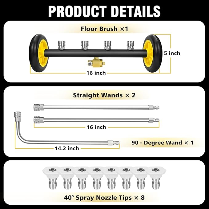 JANZ 16'' Pressure Washer Undercarriage Cleaner and Water Broom Attachment - 4000PSI, 1/4'' Connector - for Electric and Gas Power Washers with 8 replaceable nozzles