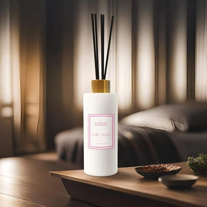 COCO by Stone 5oz Reed Diffuser (Pink Sugar) – Luxury Scented Oil Diffuser for Home Aromatherapy, Long-Lasting Vegan Fragrance, Elegant Home Décor and Air Freshener