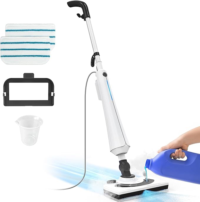 Black Steam Mop for Hardwood Floors, 1300W 25S Heat Up Floor Steamer with Detergent Chamber, Lightweight Cleaner for Tiles/Carpets, 2 Washable Pads