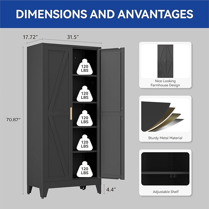 COFaR Metal Wardrobe Closet, 71'' Tall Steel Bedroom Armoire with Adjustable Hanging Rod and Shelves, Broom Closet Storage Cabinet for Garage Laundry Office, Farmhouse Black