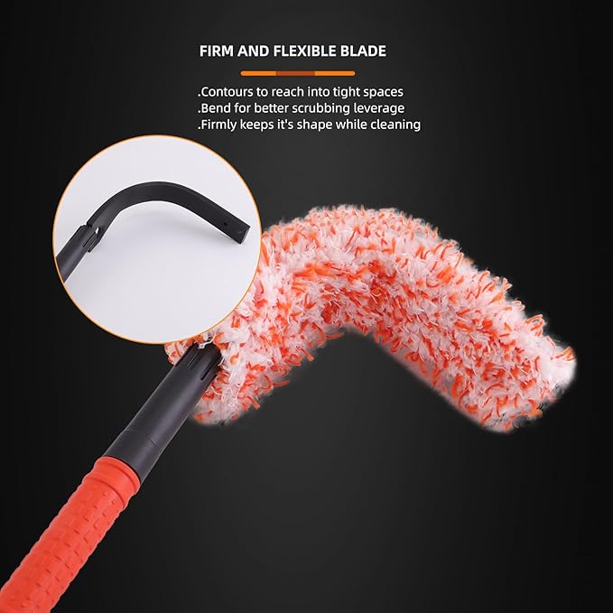 Microfiber Wheel Brush, SPTA Removable Car Wheel Cleaning Brush with 2 Interchangeable Microfiber Covers, Bendable, Firm Rim Cleaner Brush for Wheel Cleaning, Long Non-Slip Handle and Flat Head