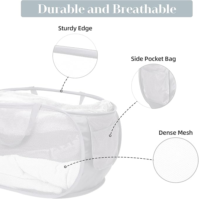 4 Pack Collapsible Laundry Baskets, Foldable Laundry Basket with Pocket, Durable Mesh Pop Up Hampers, Reinforced Handles Dirty Clothes Hamper for Laundry, Bedroom, Bathroom, Dorm, Travel or Camping