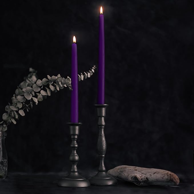 Bluecorn Beeswax Taper Candles, 100% Pure Natural Bees Wax,12 Inch Pair, Purple Candlesticks, Unscented, Clean Burning & Dripless, Long Lasting, Thanksgiving & Christmas Decor, American Made, 1 Count