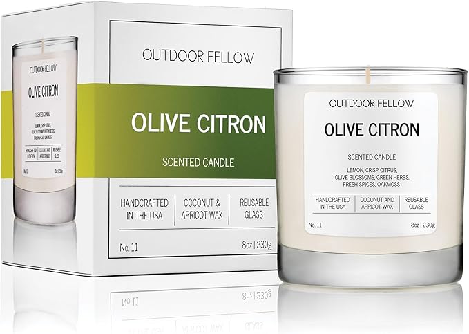 Outdoor Fellow Olive Citron Scented Candle – Highly Scented 8oz Jar Candle with Lemon, Citrus & Herbs – Non Toxic, Long Lasting Fragrance for Lemon Decor Accent in Home or Kitchen