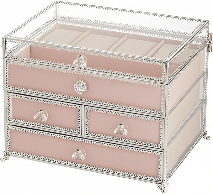 Hersoo Luxury 3-TierSilver Stackable Jewelry Organizer&Display Case,Premium Modular Storage for High-end Jewelry with Removable Pink Velvet,Elegant Jewelry Showcase