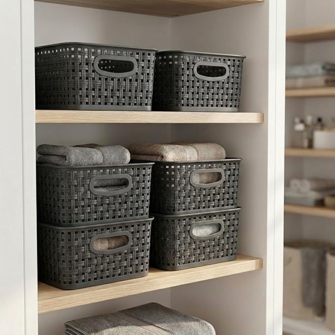 8 Pack Gray Storage Baskets, Plastic Woven Organizer Baskets, Stackable Shelf Baskets for Closet, Pantry, Bathroom & Laundry Room