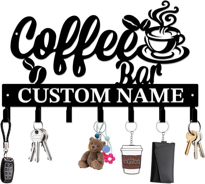 Personalized Custom Name Coffee Bar Wall Keys Hooks,Metal Coffee Shop Art Clothes Hooks,Metal Coffee Lover Wall Home Storage Decorative,For Front Door, Hallway, Kitchen, Bedroom,Keys,Hats (Style E)