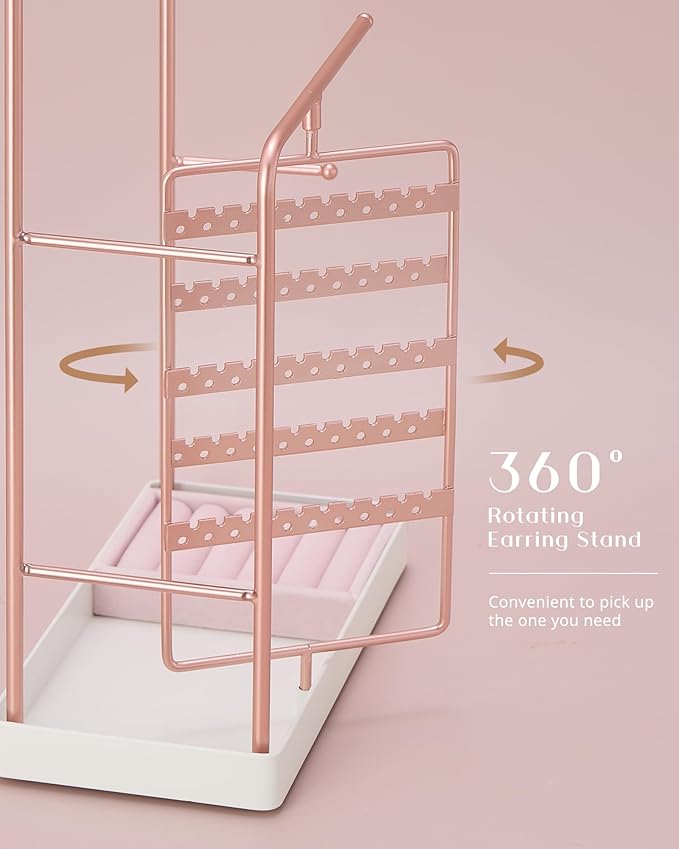 ProCase Jewelry Stand Holder Organizer, Jewelry Display Storage with Ring Tray, No-Assembly Needed, Rotating Earring Bracelet Necklace Holder, Christmas Gifts Room Dorm Decor for Teen Girls -Rosegold