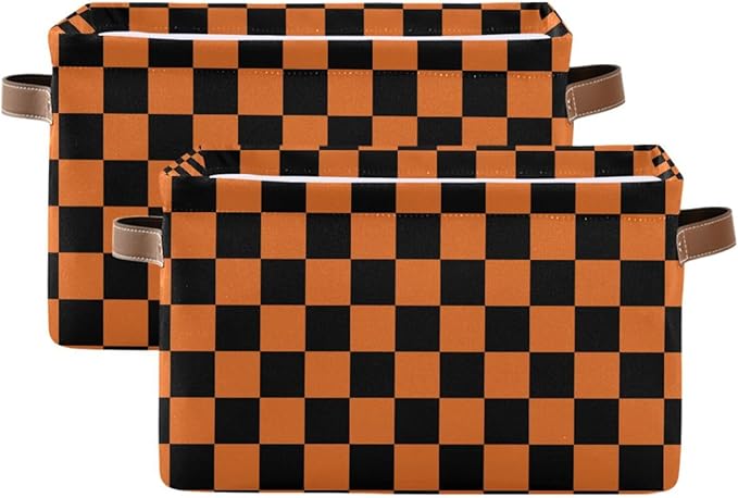 ALAZA Black Orange Checkered Halloween Foldable Storage Box Storage Basket Organizer Bins with Handles for Shelf Closet Living Room Bedroom Home Office 2 Pack