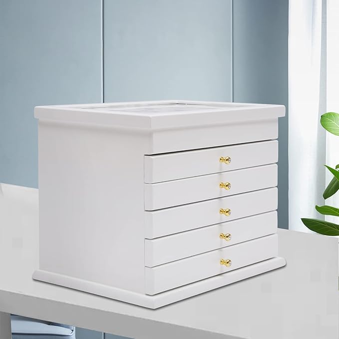 Wood Jewelry Box 6-Tier Large Jewelry Organizer Cabinet with 5 Drawers Women Girls Storage Display Case for Necklace Rings Earrings Accessories, with Mirror and Lock (Without Mirror-white)
