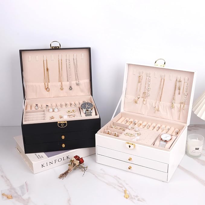 Jewelry Organizer Box for Women, Large Jewelry Organizer with Lock, 3 Tier Storage Box with Velvet Lining, 2 Drawers, Necklace Hooks, Ring Rolls