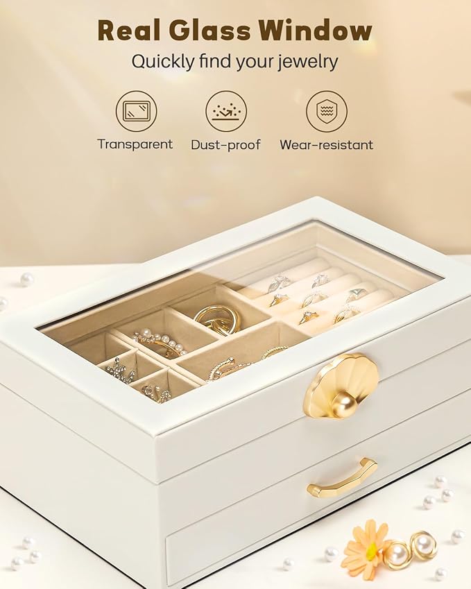 Jewelry Box with 1 Drawers: Display Organizer for Earrings Necklaces - Christmas Gifts for Girls Women (White)