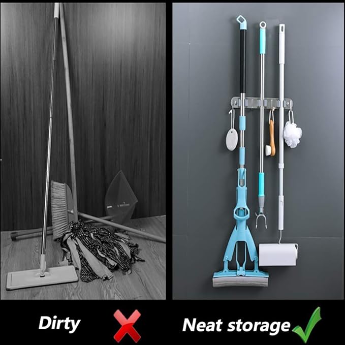 DGSL 4 PCS Broom Holder Wall Mount with 3 Racks 4 Hooks, Stainless Steel Wall Mounted Organizer Mop and Broom Storage Tool Rack for Home Kitchen Garden