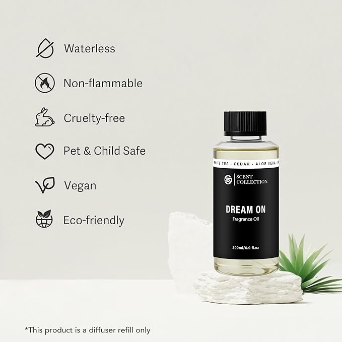 Luxury Hotel Scent Dream On Diffuser Oil Waterless Essential Aromatherapy for Cold Air & Car Diffusers – Long Lasting Refill for Large Room & Home - Non Toxic, Signature White Tea (200ml/6.76Fl oz)