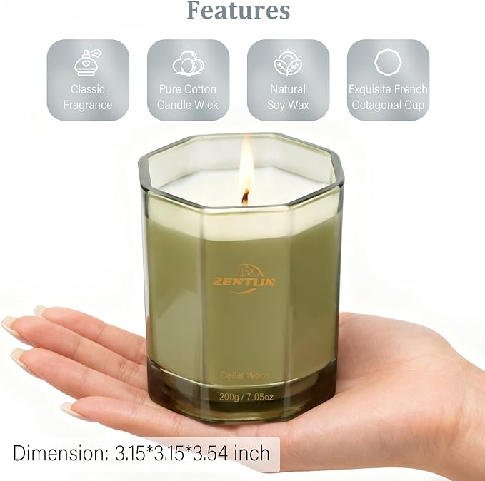 Scented Candles for Home - Soothing Cedarwood Soy Wax Candle - Octagonal Jar Aromatherapy Candle for Yoga, Meditation, Bath - Stress Relief Gifts for Women & Men - 7.05 oz, 50 Hours Burn Time