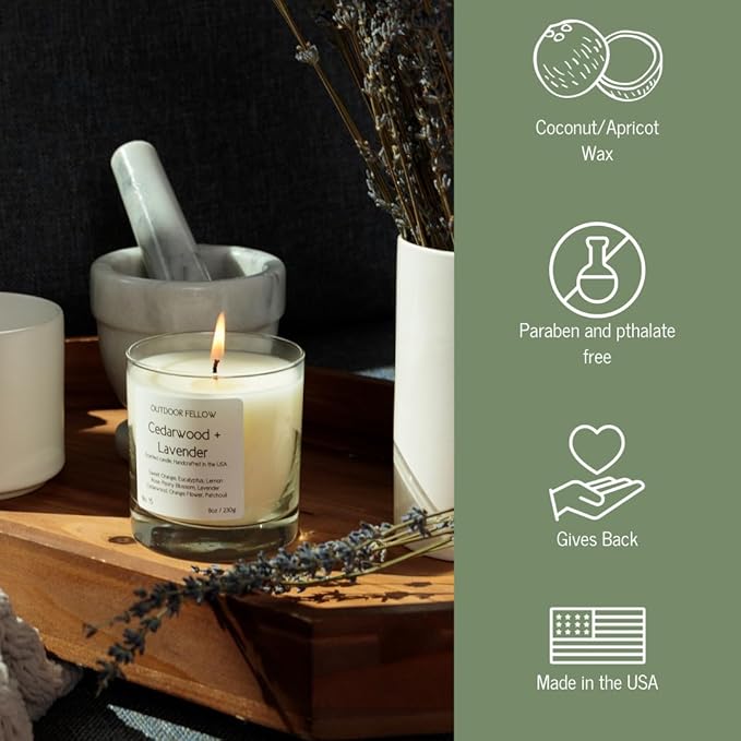 Outdoor Fellow Cedarwood and Lavender Scented Candle, 8oz, Coconut & Apricot Wax Blend, Sweet Orange, Lavender, Cedarwood, Reusable Glass, 40-50 Hour Burn Time