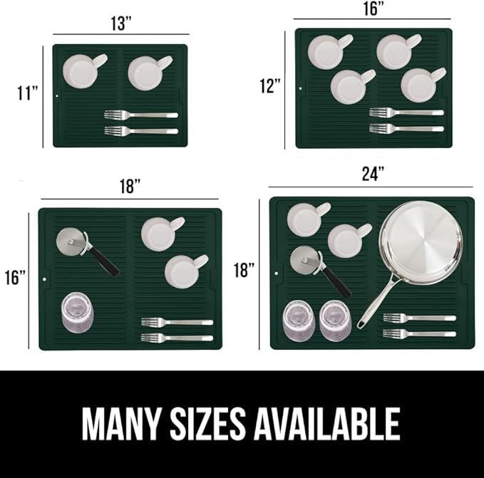 GORILLA GRIP 100% BPA-Free Silicone Dish Drying Mat for Kitchen Counter, Quick Dry, Water Catching Ribbed Design, Easy Clean Waterproof Sink Liner, Heat Resistant, Fits Under Rack, 12x16, Hunter Green