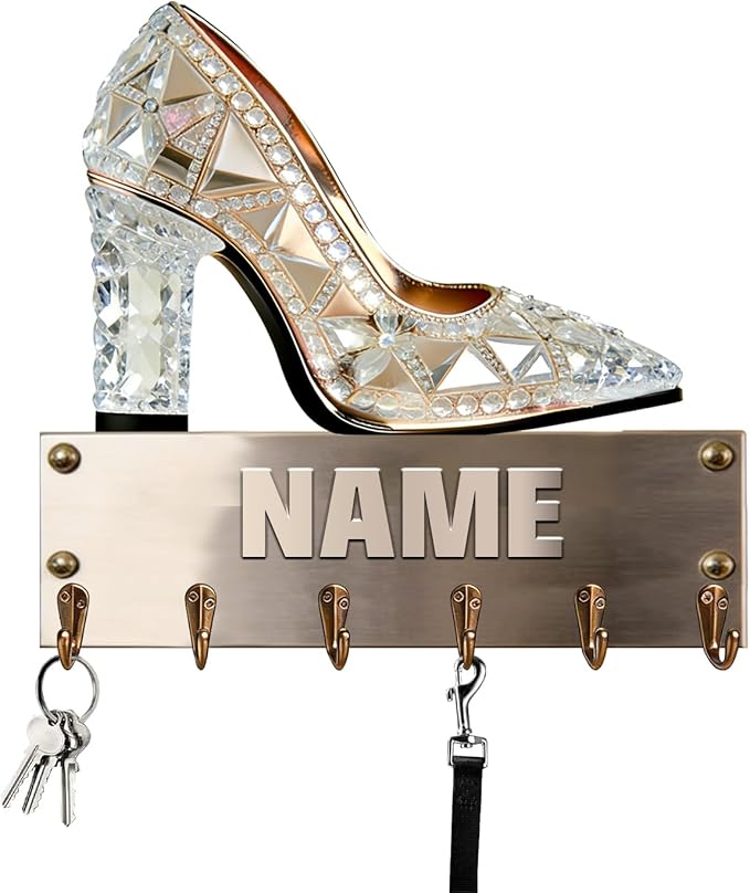 Personalized Wooden 2D Flat Print High-Heeled Shoe Wall Mounted Hook for Women Girl Family Friends Custom Name Key Storage Holder High-Heeled Shoe Coat Rack Home Dexor Gift for Living Room Hallway