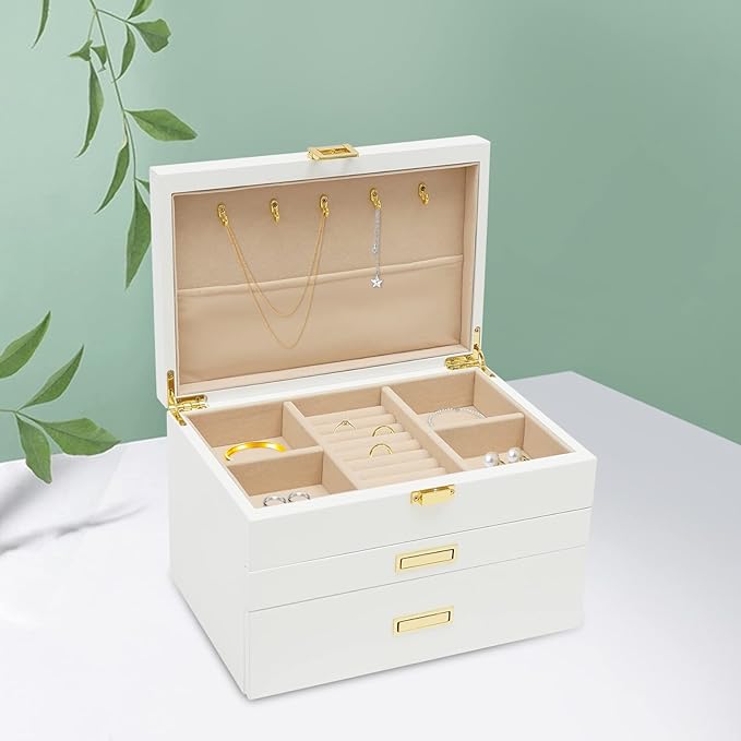 Jewelry Case 3 Layers Jewelry Organizer Jewelry Storage Containers Watch Display Case Necklaces Rings Multi-Function Storage Box with Pull-out Drawer, White (White)