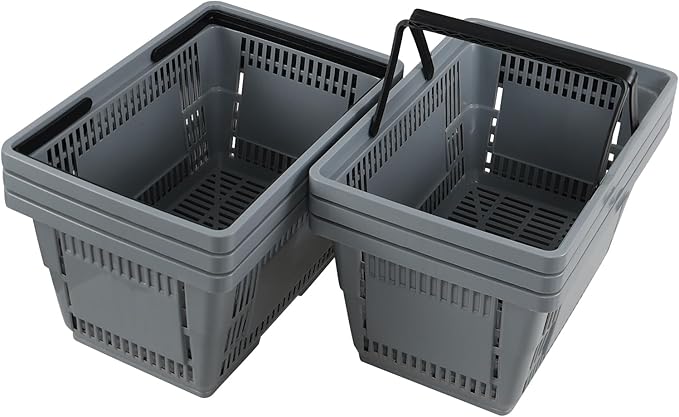 Set of 6 Plastic Shopping Basket with Handles, 28 L Plastic Grocery Baskets, Gray