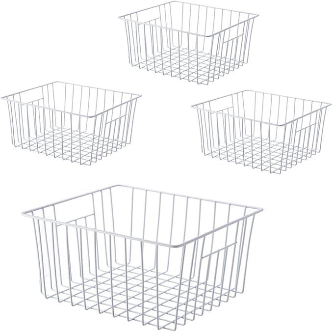 Upright Freezer Organizer Bins， Freezer Baskets for 14, 15 cu.ft Standup Freezer, Wire Storage Baskets with Built-in Handles for Frozen Foods, Snacks, Vegetables, Fruits and More, 4Pcs , White