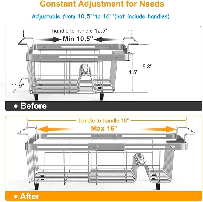 Homics Expandable in Sink Dish Drying Rack, Adjustable Capacity (10.5''-16'') Stainless Steel Over The Sink Dish Drying Rack, Dish Drainer for Kitchen Sink Counter with Utensil Holder