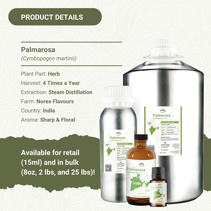 Palmarosa Essential Oil Direct from Norex Flavours India for Skin and Aromatherapy - Aceite de Palmarosa for Candle Scent for Candlemaking and Soaps (2lbs)