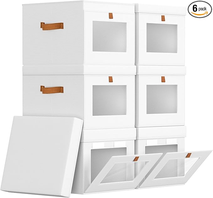 Storage Bins with Lid – Closet Organizer with Side Opening and Clear Window, Foldable Stackable Fabric Basket for Clothes, Home, Office - 13.77" x 11.8" x 9.8", 6 Pack, White
