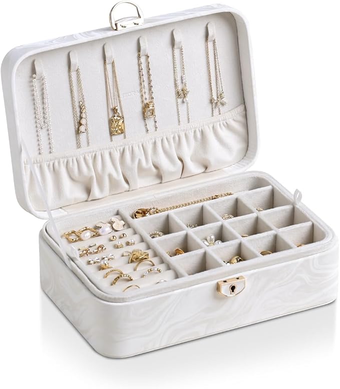CASEGRACE 2-Layer Jewelry Box with Removable Tray, Portable Jewelry Organizer for Earrings Necklaces Rings, Gift for Women Girls on Birthday Valentine's Day (Fluorescent white)