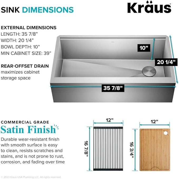 KRAUS Kore 36-Inch Modern Farmhouse Workstation 16 Gauge Single Bowl Stainless Steel Kitchen Sink with Accessories, KWF410-36