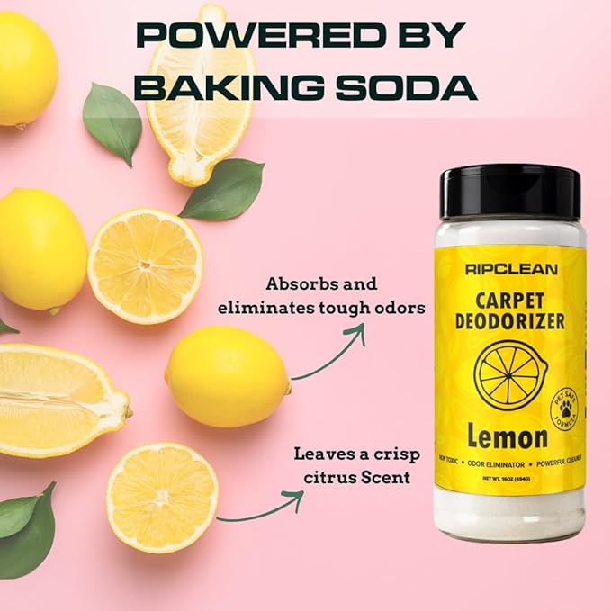 Ripclean Carpet Deodorizer & Freshener Cleaning Powder, Odor Eliminator for Strong Odors & Homes w/Pets, Safe around Kids & Pets, Use on Carpet, Rugs, Upholstery & More (16 Ounce, Lemon)