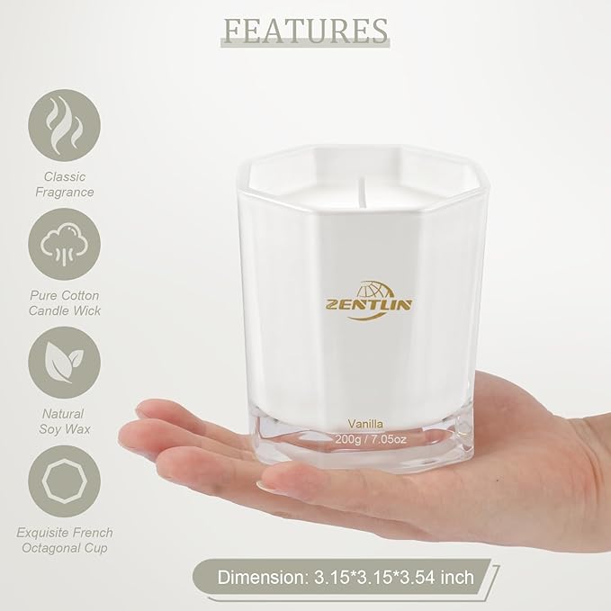 Vanilla Scented Candle - Valentine's Day Gifts for Her & Him - Natural Soy Wax Nostalgic & Comforting Candle for Home - Stylish Octagonal Design - 7.05 oz, 50 Hours Burn Time