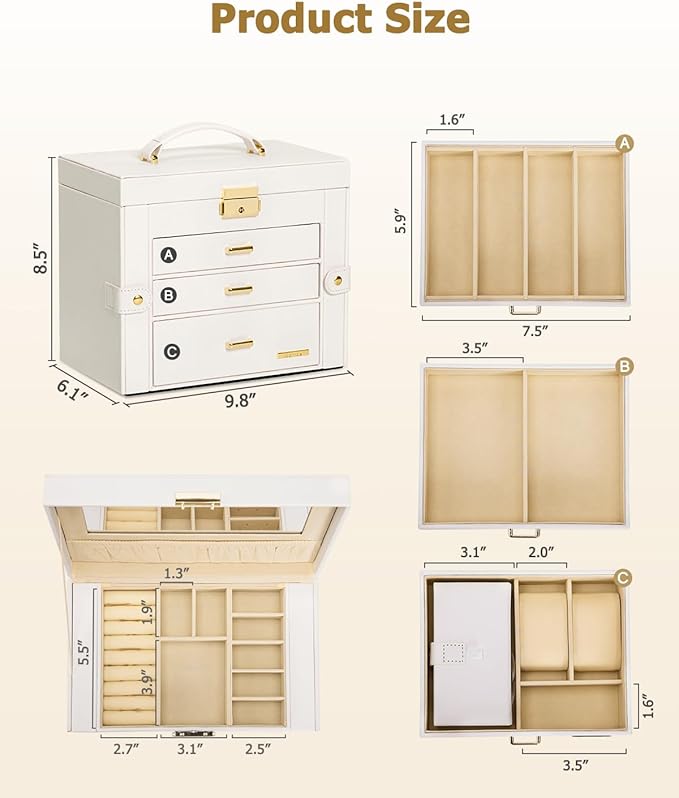 Homde 2 IN 1 Jewelry Box for Women Girls with Small Travel Case Mirror Necklace Ring Earrings Organizer(White + Gold)